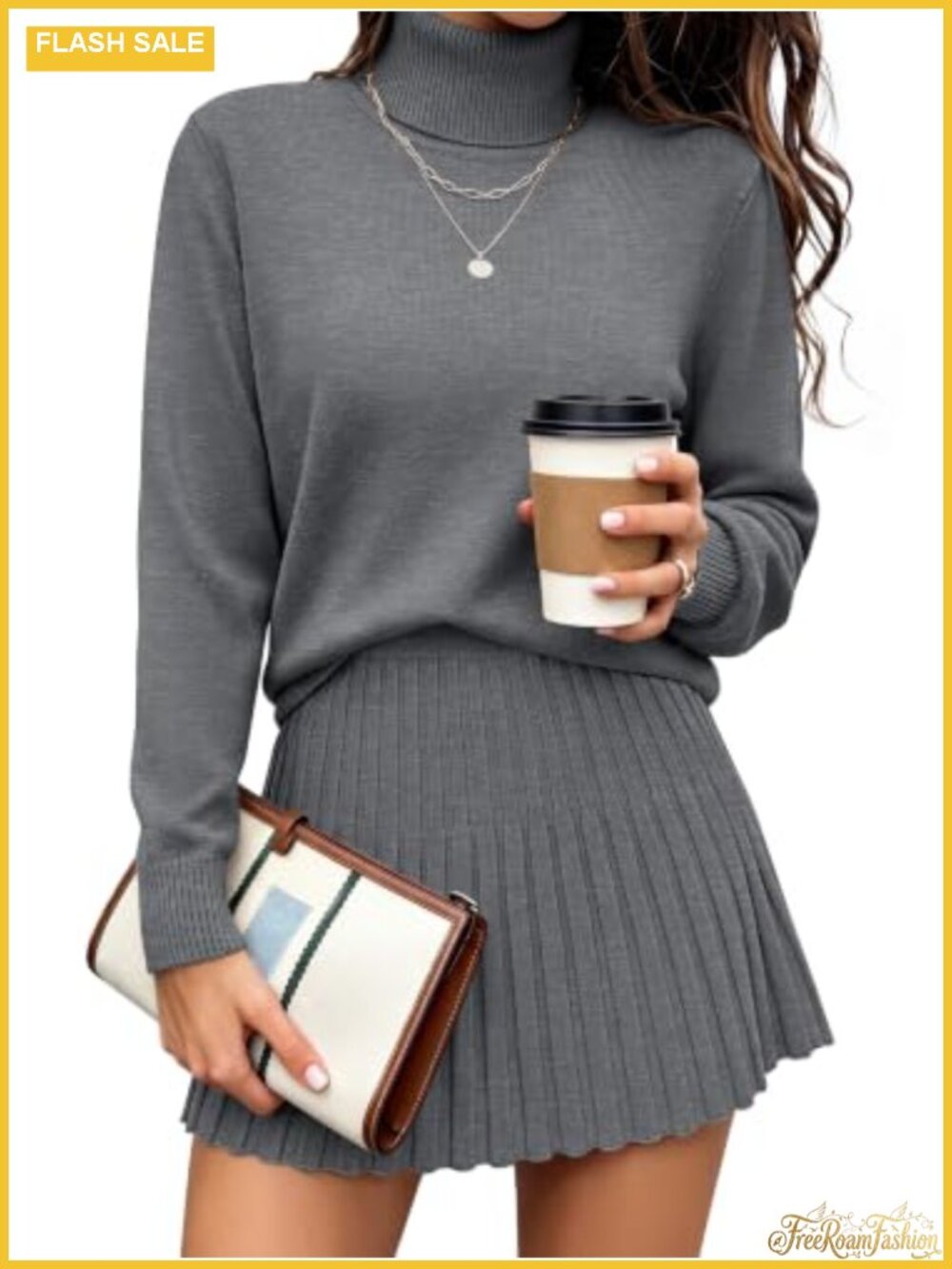 2 Piece Turtleneck Sweater and Pleated Mini Skirt Set
